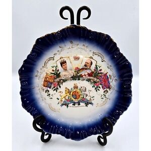 Antique 1902 King Edward VII Coronation Plate Queen Alexandra Flow Blue Plate
